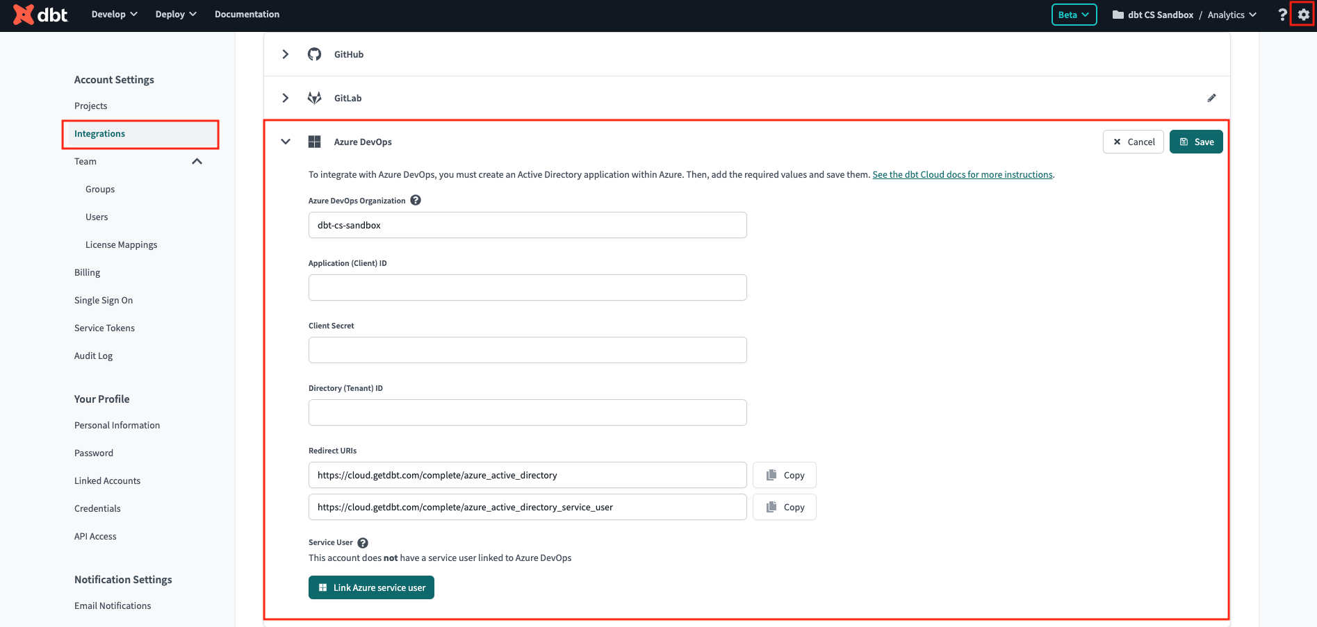 Connecting an Azure Service User